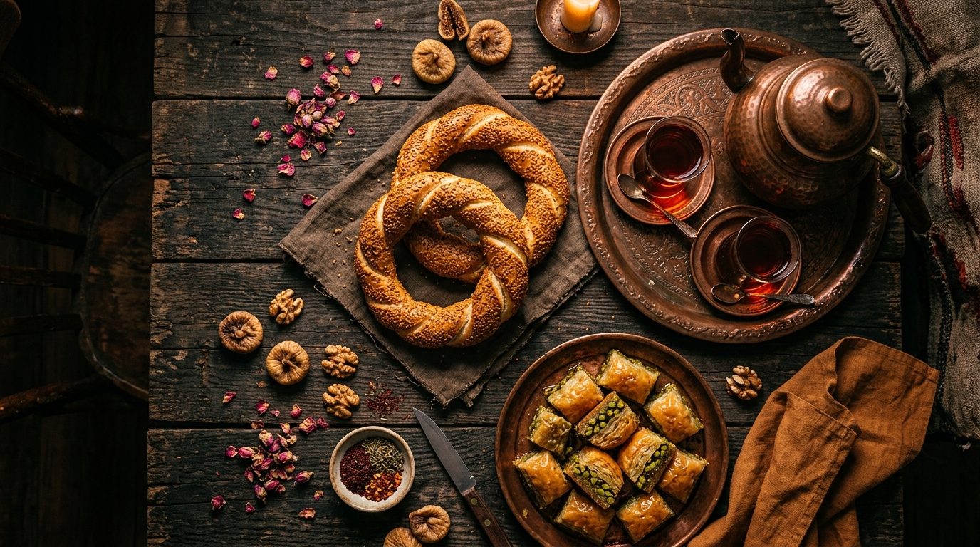 Traditional Turkish spread with simit, baklava and copper tea set